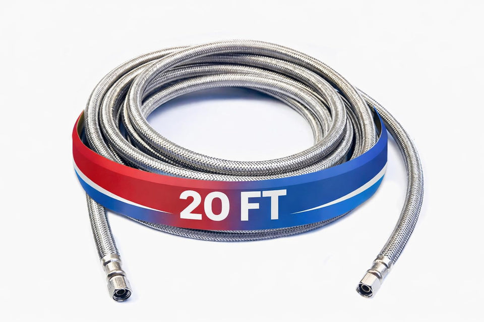 HippoHose 20ft icemaker hose showing universal fit for any refrigerator brand
