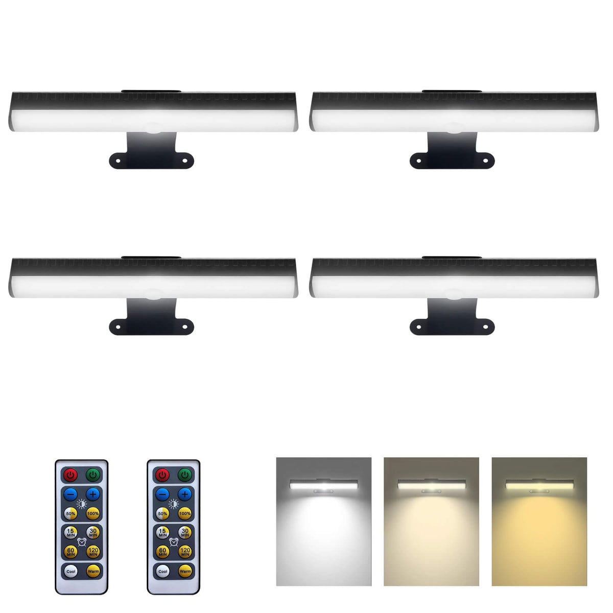 HIPTOKING 4-pack battery-operated picture light on wall framing artwork with even illumination.