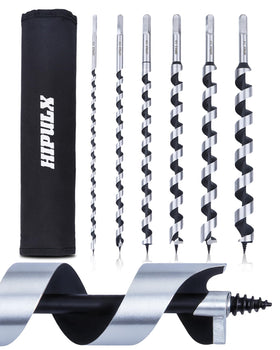 HIPULX 12-inch auger set shown in reusable case for deep wood boring tasks.