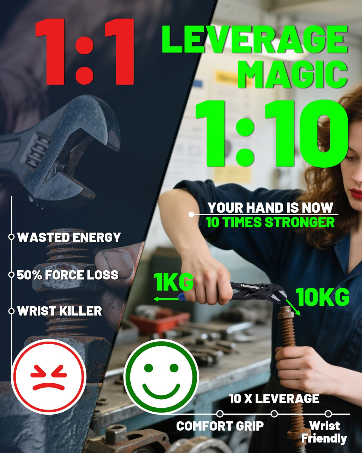 HIPULX offers 10:1 leverage to reduce fatigue during tight-nut tasks.