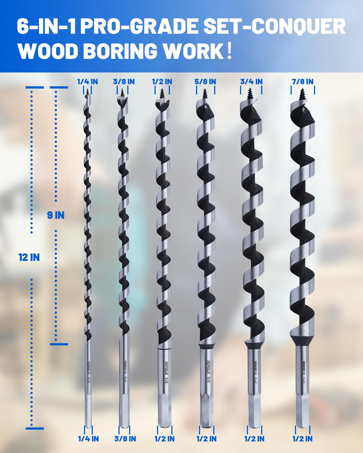 HIPULX 3/8-inch single-tooth auger bit bores fast with efficient chip clearance.