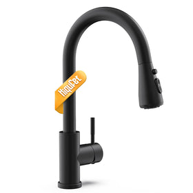 Hiqufet black pull-down kitchen faucet with sleek finish for easy cleaning