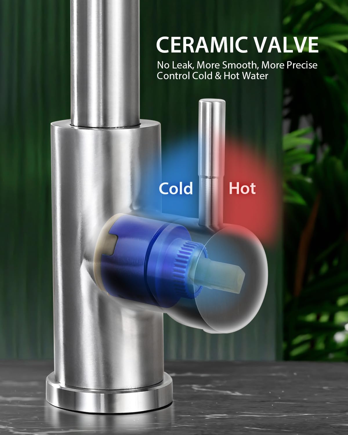 Hiqufet high-arc spout provides ample clearance for large pans.