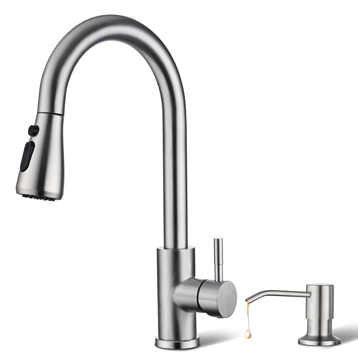Hiqufet kitchen faucet with soap dispenser and pull-down spray in brushed nickel.