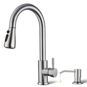 Hiqufet kitchen faucet with soap dispenser and pull-down spray in brushed nickel.