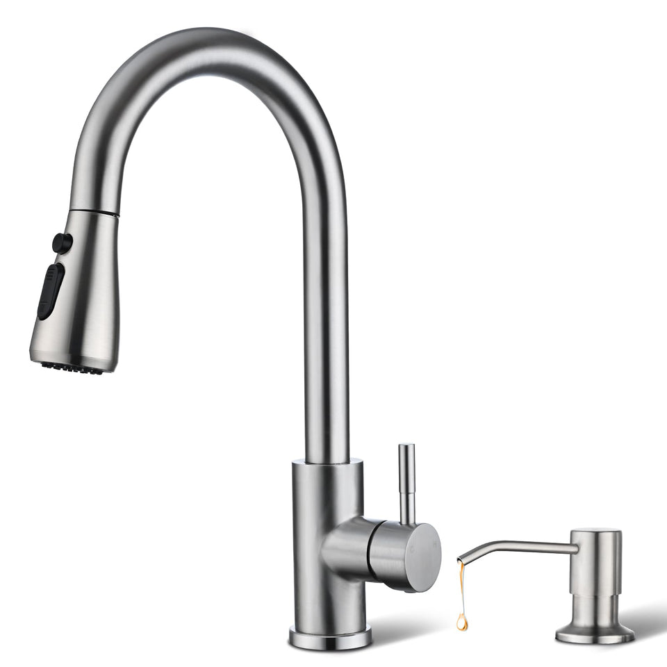 Hiqufet kitchen faucet with soap dispenser and pull-down spray in brushed nickel.