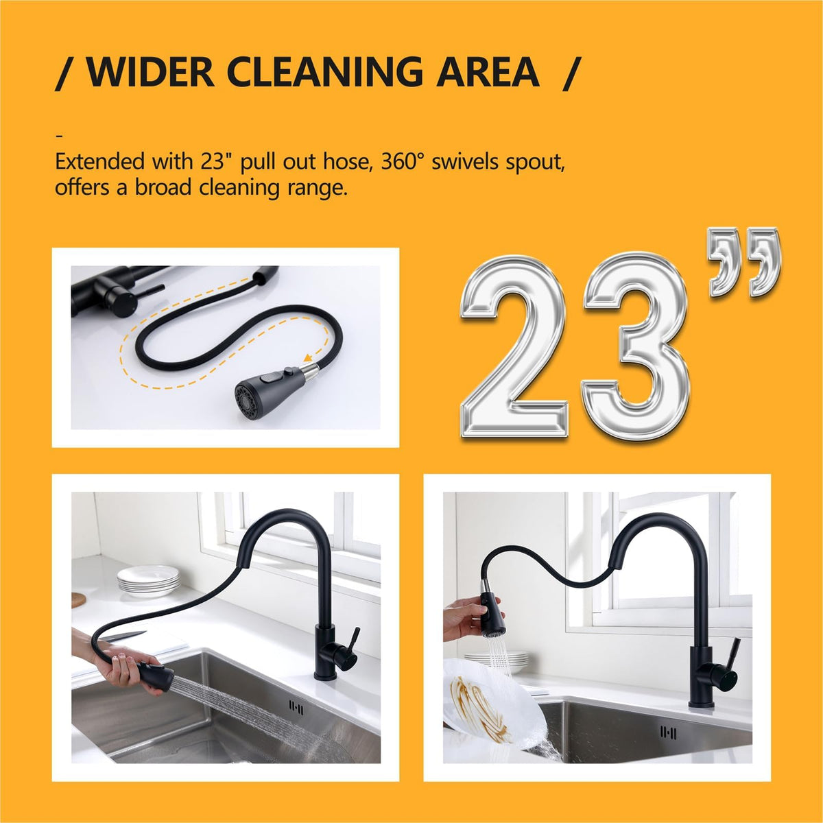 Hiqufet pull-down sprayer rotates 360 degrees for flexible kitchen cleaning