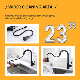 Hiqufet pull-down sprayer rotates 360 degrees for flexible kitchen cleaning