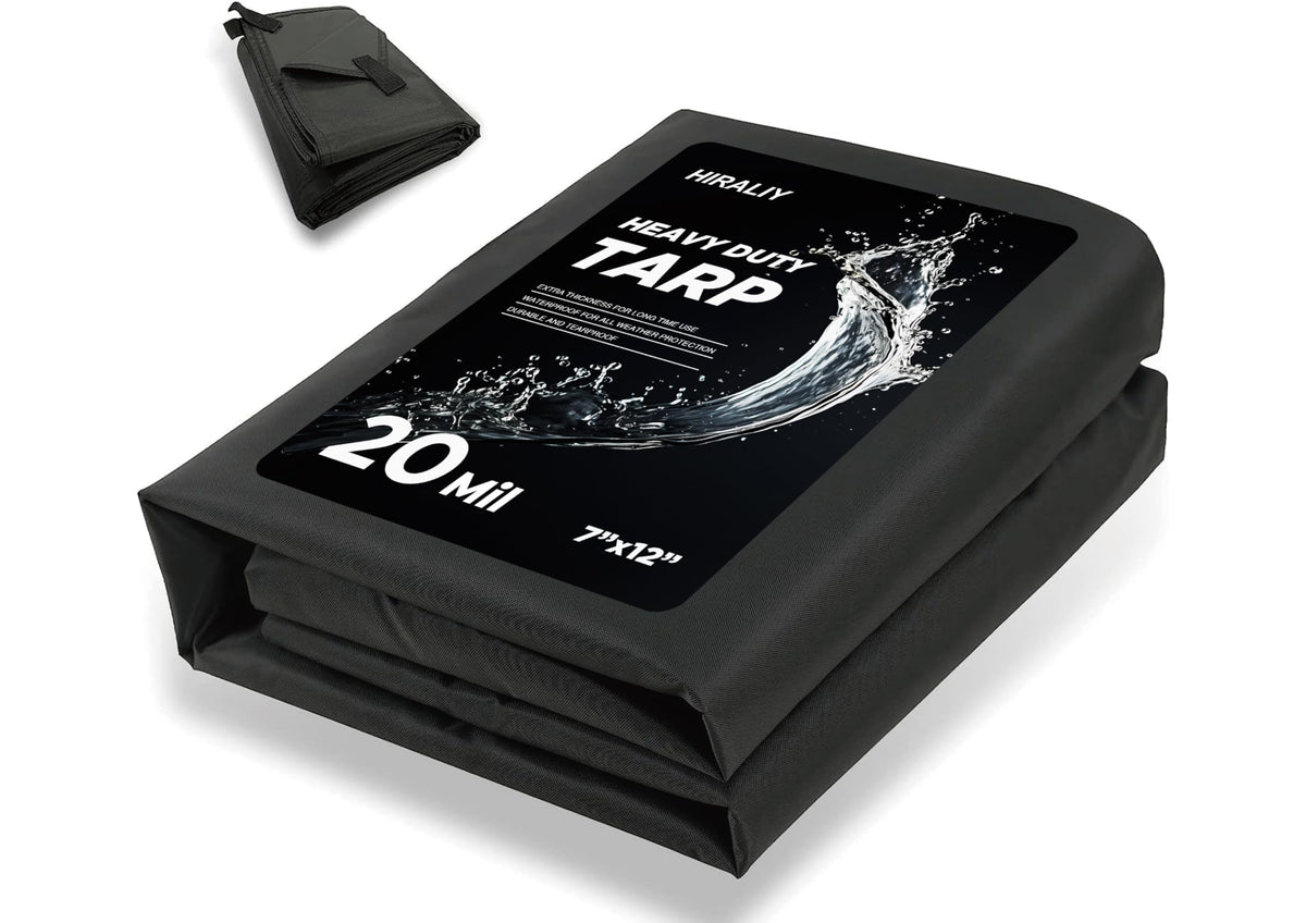 HIRALIY 20 Mil heavy-duty tarp covers 7x12 ft for versatile outdoor protection of gear.