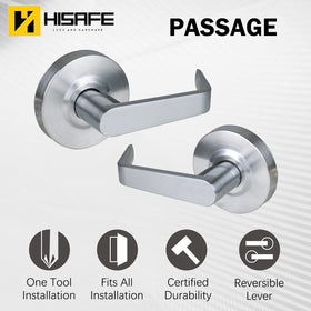 HISAFE passage lever satin chrome side view highlighting ergonomic grip