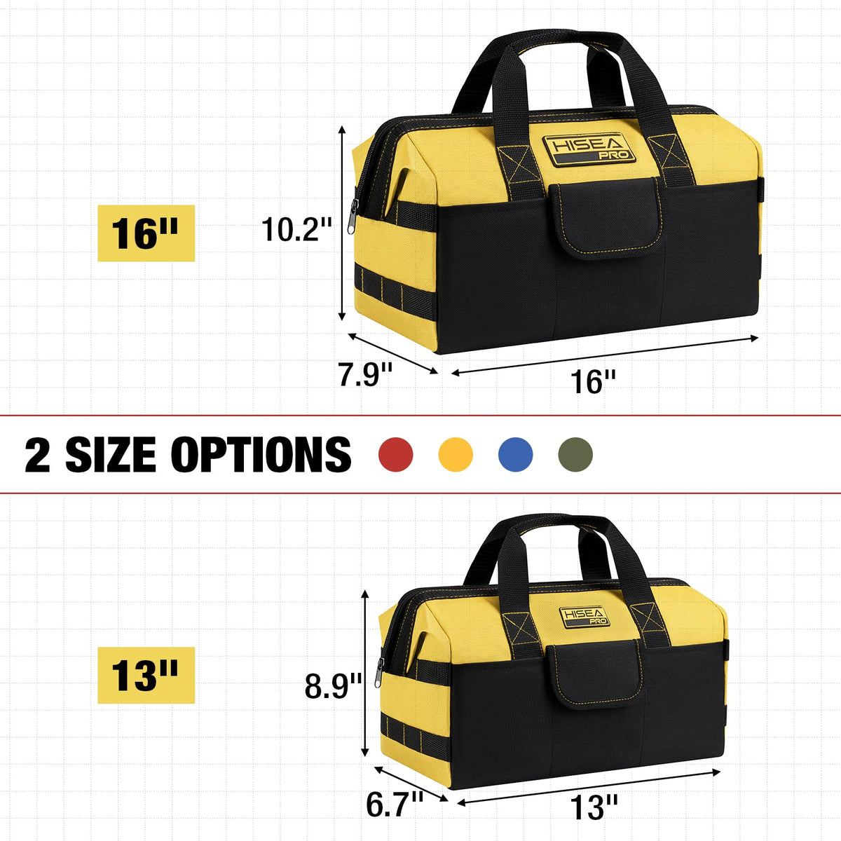 HISEA 16-inch tool bag in red showing sturdy base and organized interior.