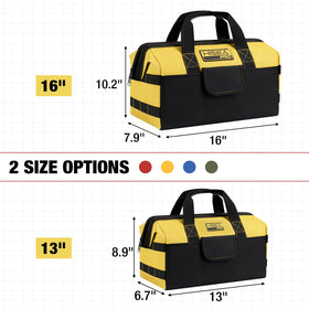 HISEA 16-inch tool bag in red showing sturdy base and organized interior.