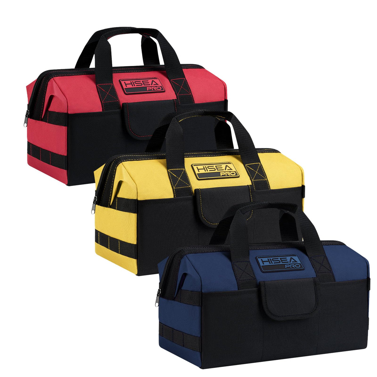 HISEA three-pack tool bags in red, yellow, and blue with wide-mouth opening for quick access.