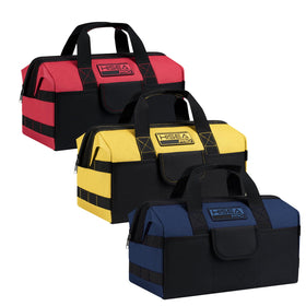 HISEA three-pack tool bags in red, yellow, and blue with wide-mouth opening for quick access.
