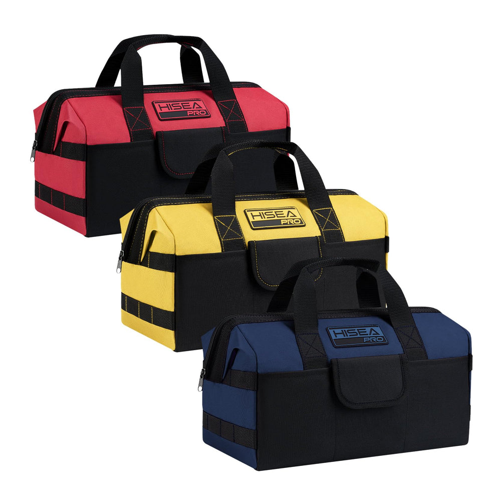 HISEA three-pack tool bags in red, yellow, and blue with wide-mouth opening for quick access.