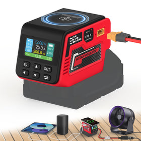Hisecren 300W regulator connected to a Milwaukee battery for portable power on the go.