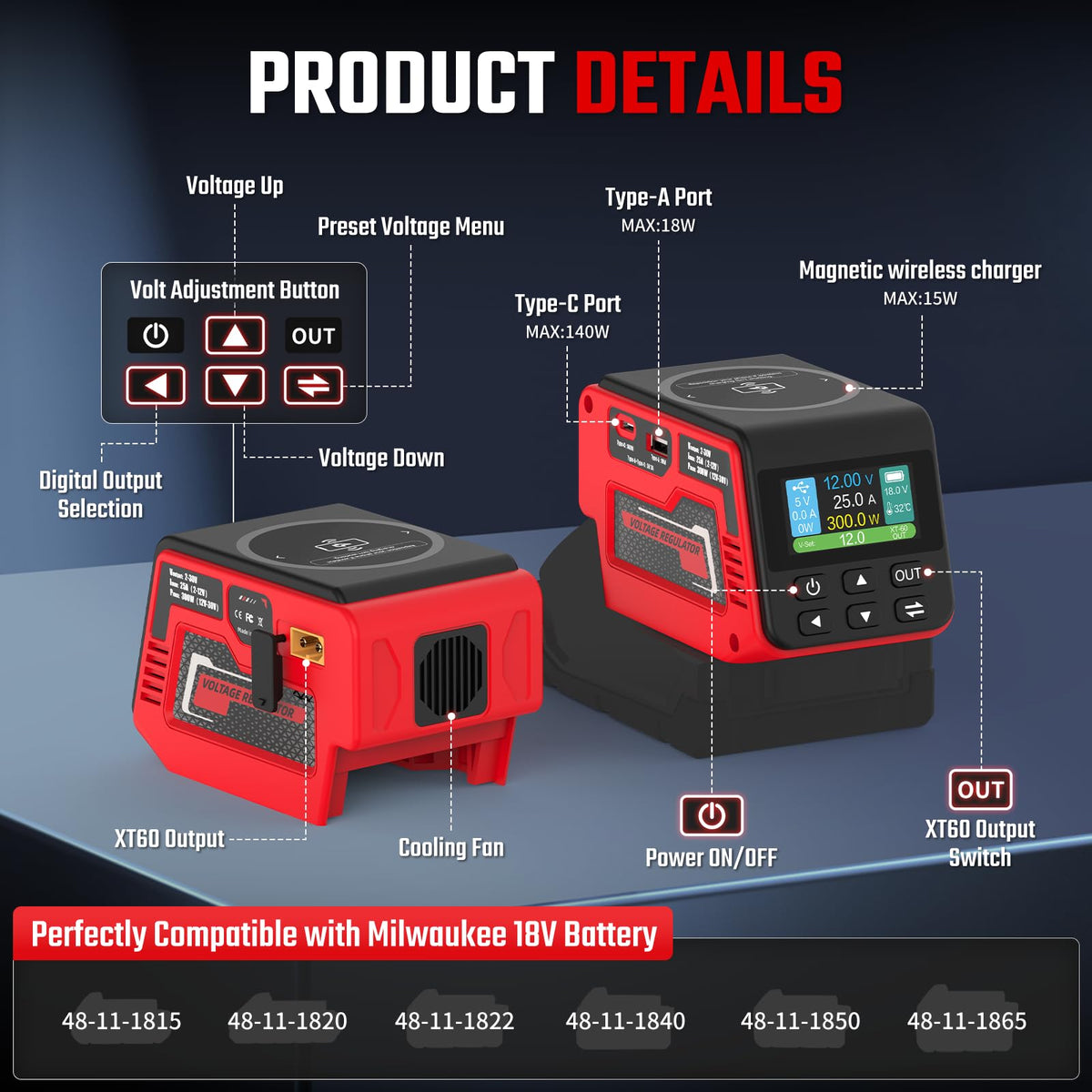 Hisecren XT60 output adjustment showing voltage options for DIY projects.