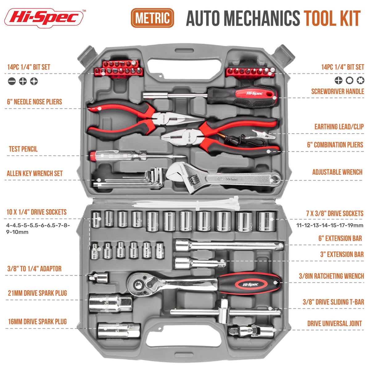 Hi-Spec socket kit with 3-8-inch ratchet speeds up maintenance tasks.