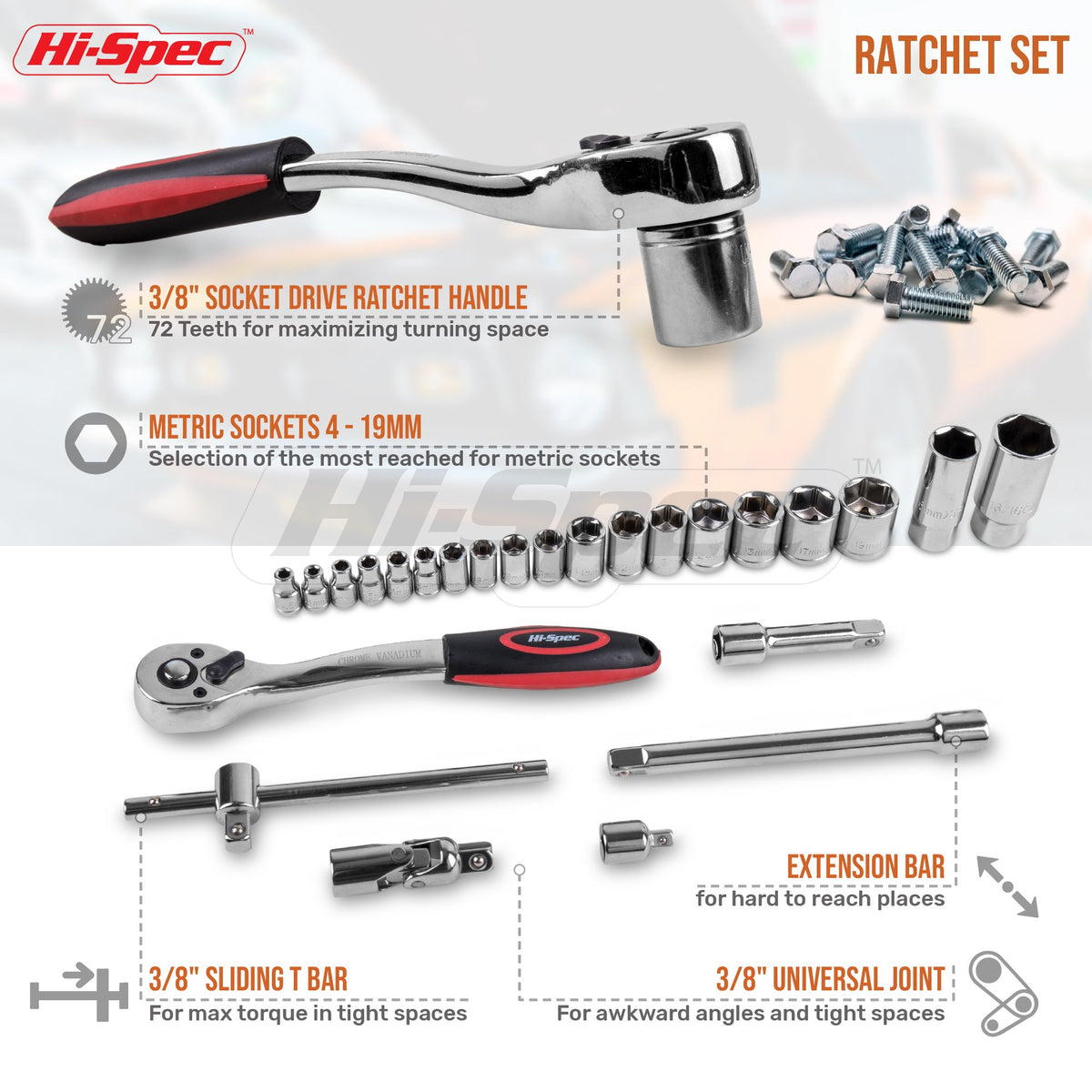 Hi-Spec extension bars reach tight engine compartments and angles.