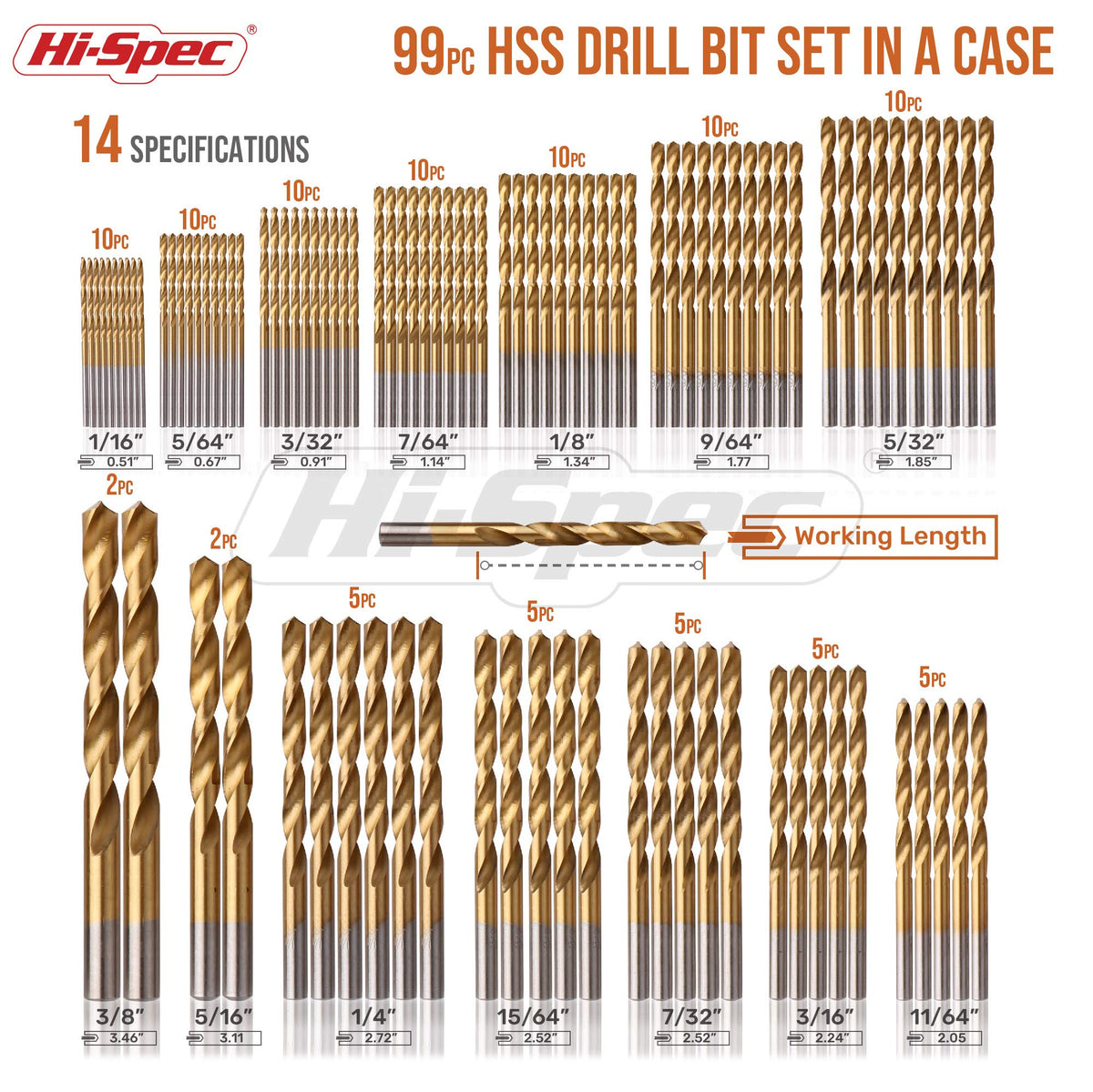 Hi-Spec TiN-coated HSS bits stay sharper and last longer under tough drilling.