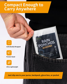 Hitituto adult-size poncho 50x45 inches fits over coats and backpacks.