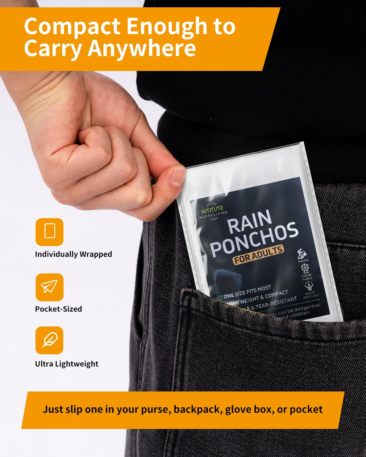 Hitituto ponchos folded into compact pouch for easy travel and storage.