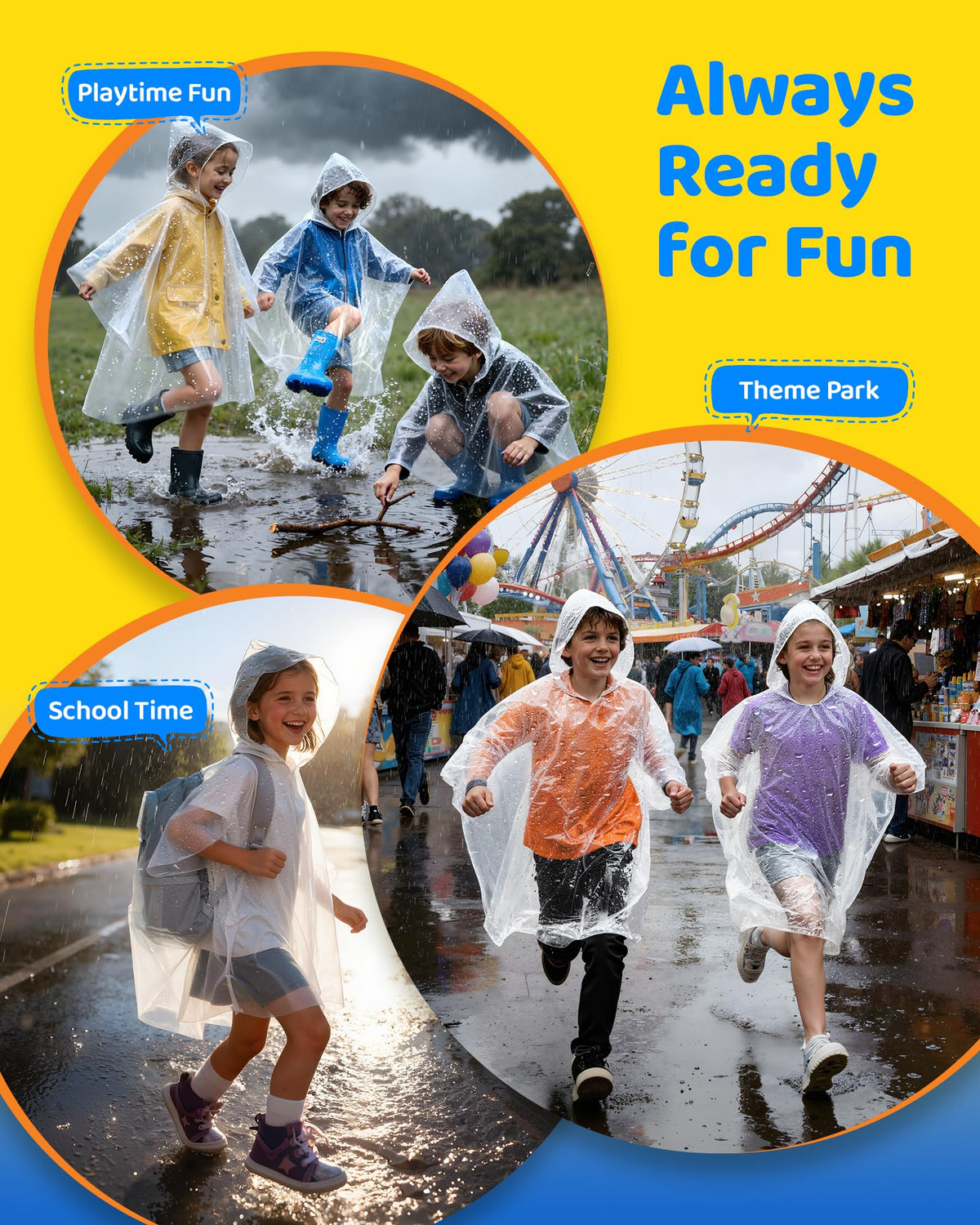 Hitituto Rain Poncho Family Pack features a drawstring hood for adjustable comfort.