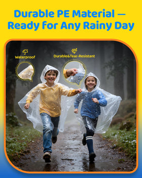 Hitituto Rain Poncho Family Pack worn by kids at a theme park for rainy day protection.