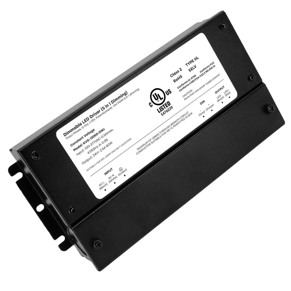 HitLights 24V 60W dimmable driver front view showing compact aluminum housing for easy install