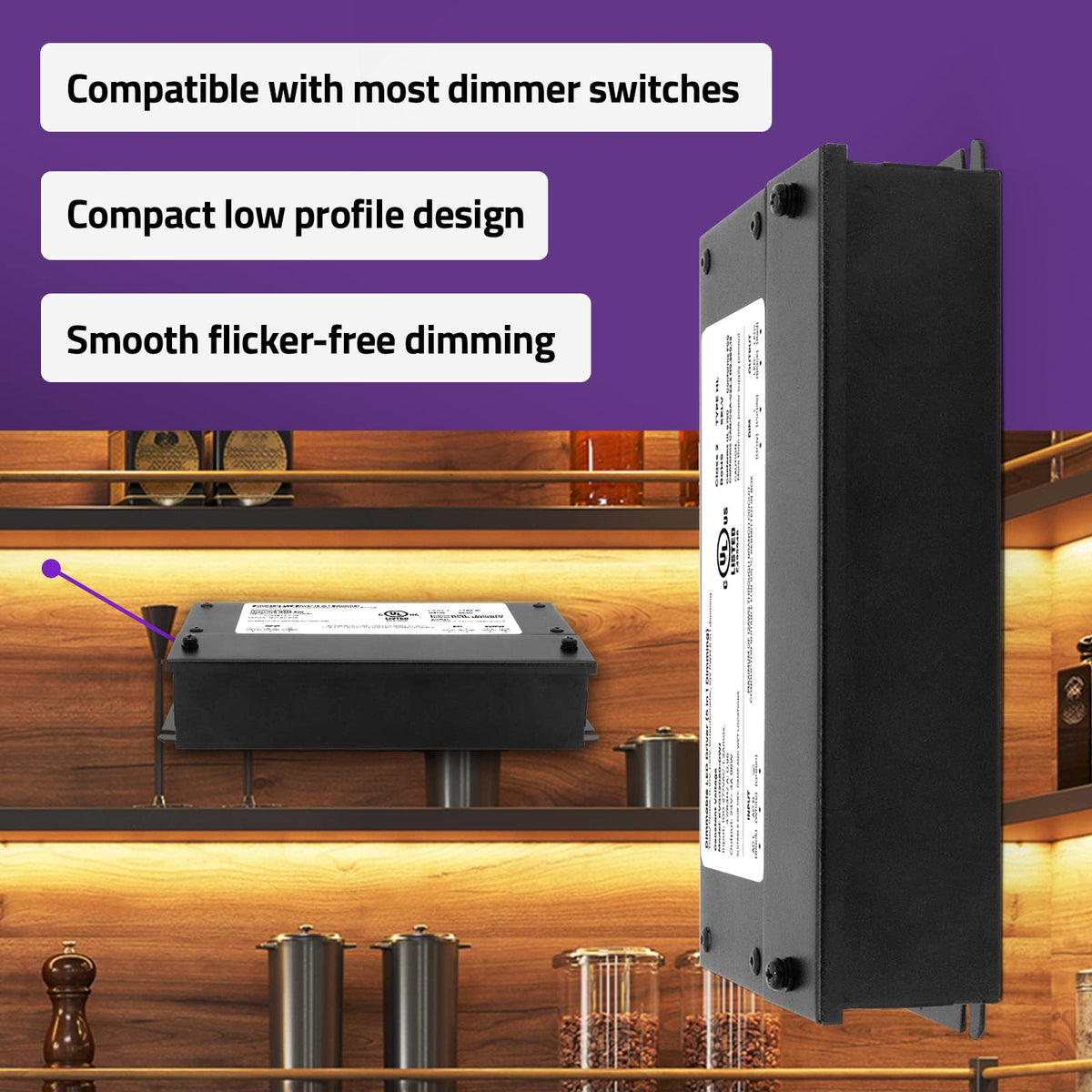HitLights dimmer driver back panel with clean, accessible wiring terminals.