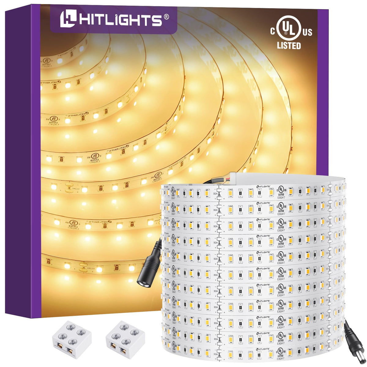 HitLights 24V LED strip with warm white 3000K for versatile ambient lighting.