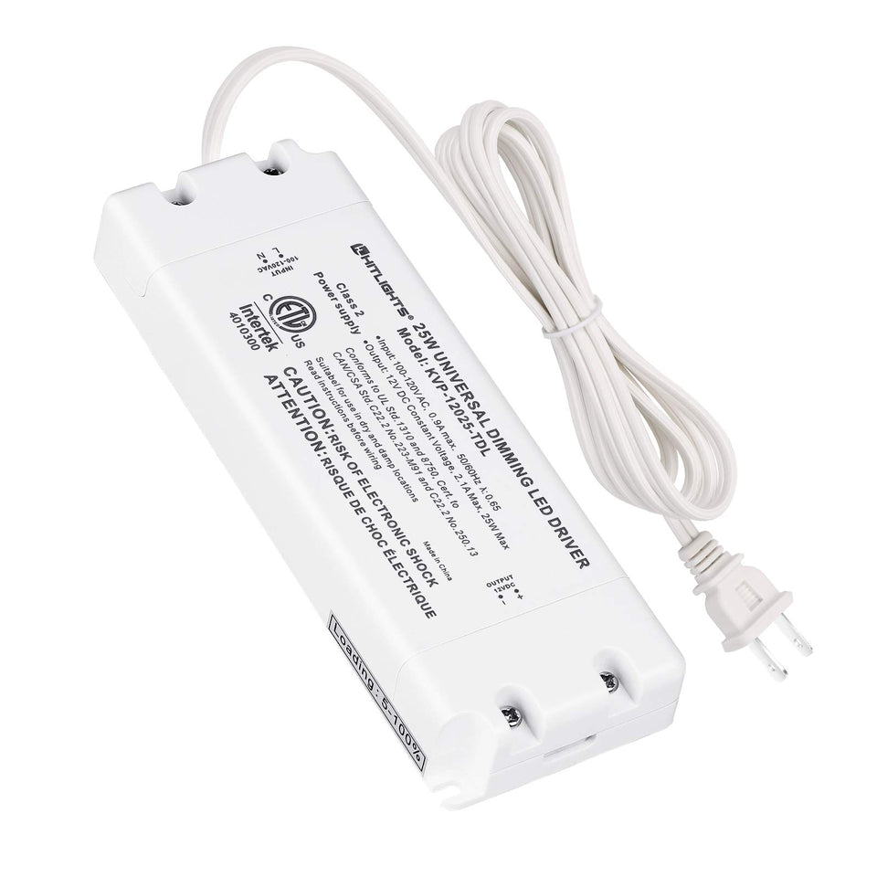 HitLights 25W dimmable LED driver front view with compact enclosure for easy installation.