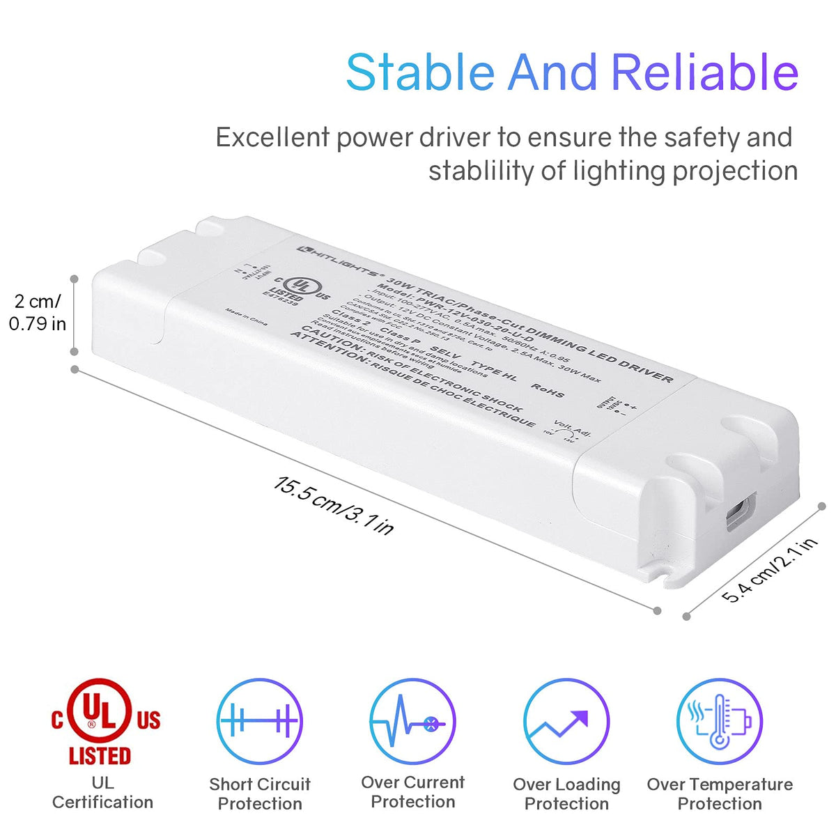 HitLights 30W dimmable LED driver UL-listed label indicating safety for indoor use