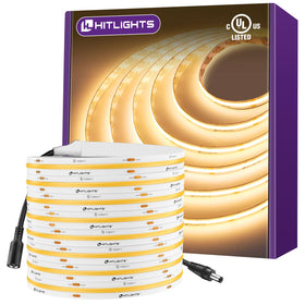HitLights COB LED strip in warm 3000K on 16.4ft, ideal for ambient room lighting.
