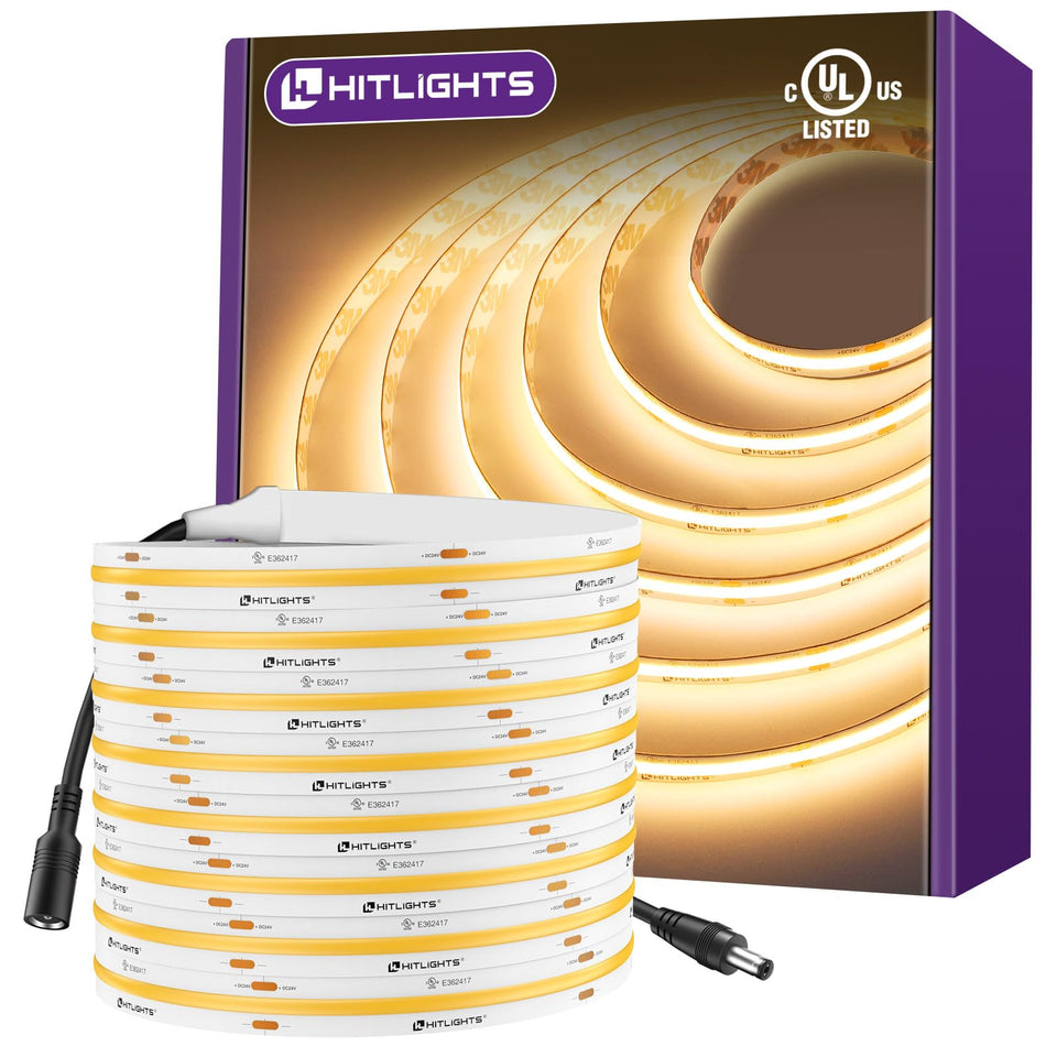 HitLights COB LED strip in warm 3000K on 16.4ft, ideal for ambient room lighting.