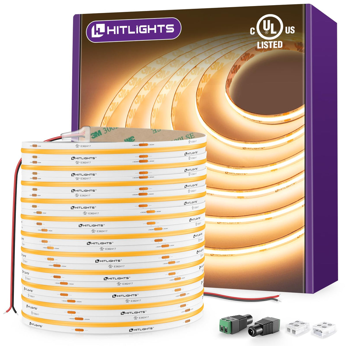 HitLights COB LED strip reel in warm white for kitchen ambient lighting.