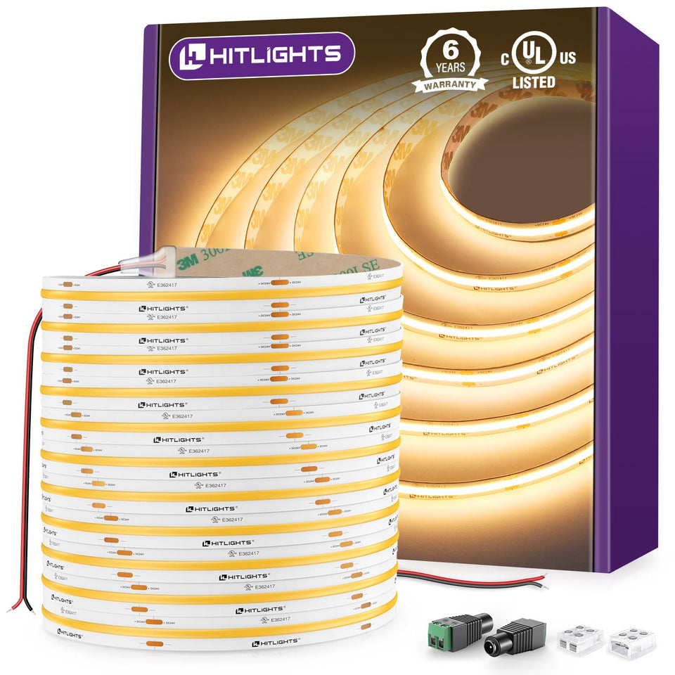 HitLights COB LED strip warm white 3000K on a 32.8ft reel, ideal for cabinet lighting.