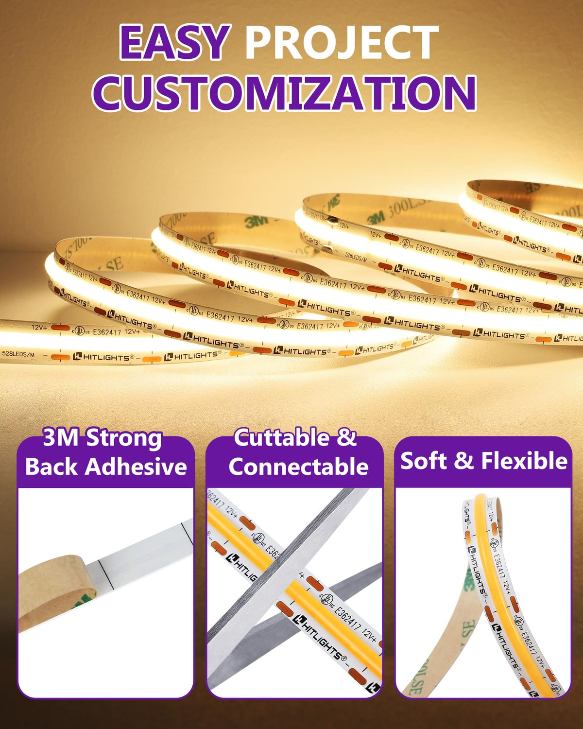 HitLights COB LED strip warm white shows dimmer compatibility for flexible control