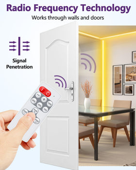 HitLights Mini RF remote back view highlighting power-off memory feature.
