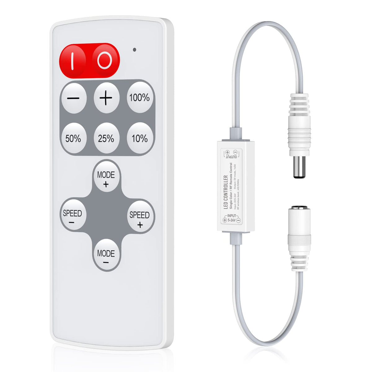 HitLights Mini RF remote front view with compact wireless dimmer for LED strips.