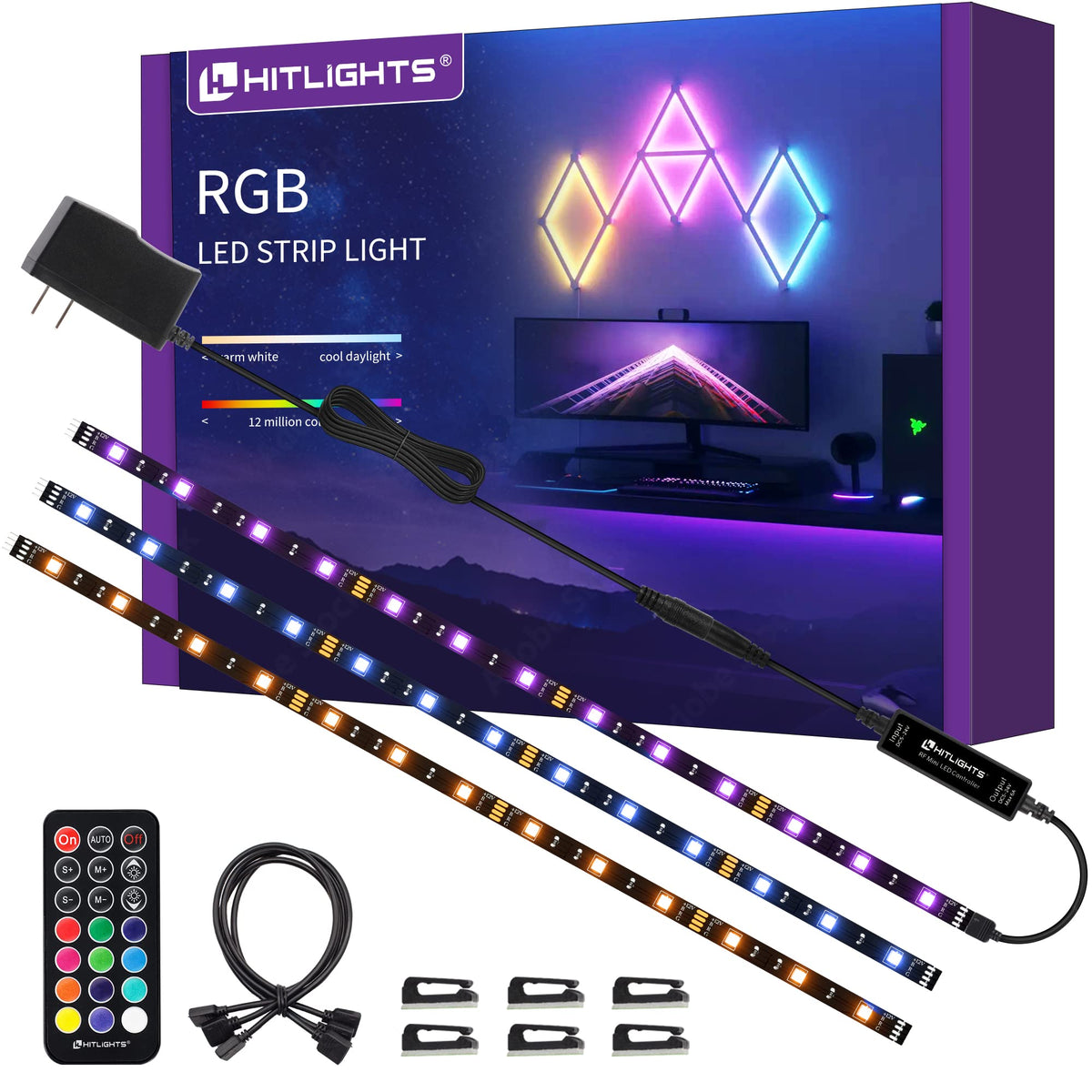 HitLights RGB LED strip lights kit with remote for versatile room lighting and TV backlight.