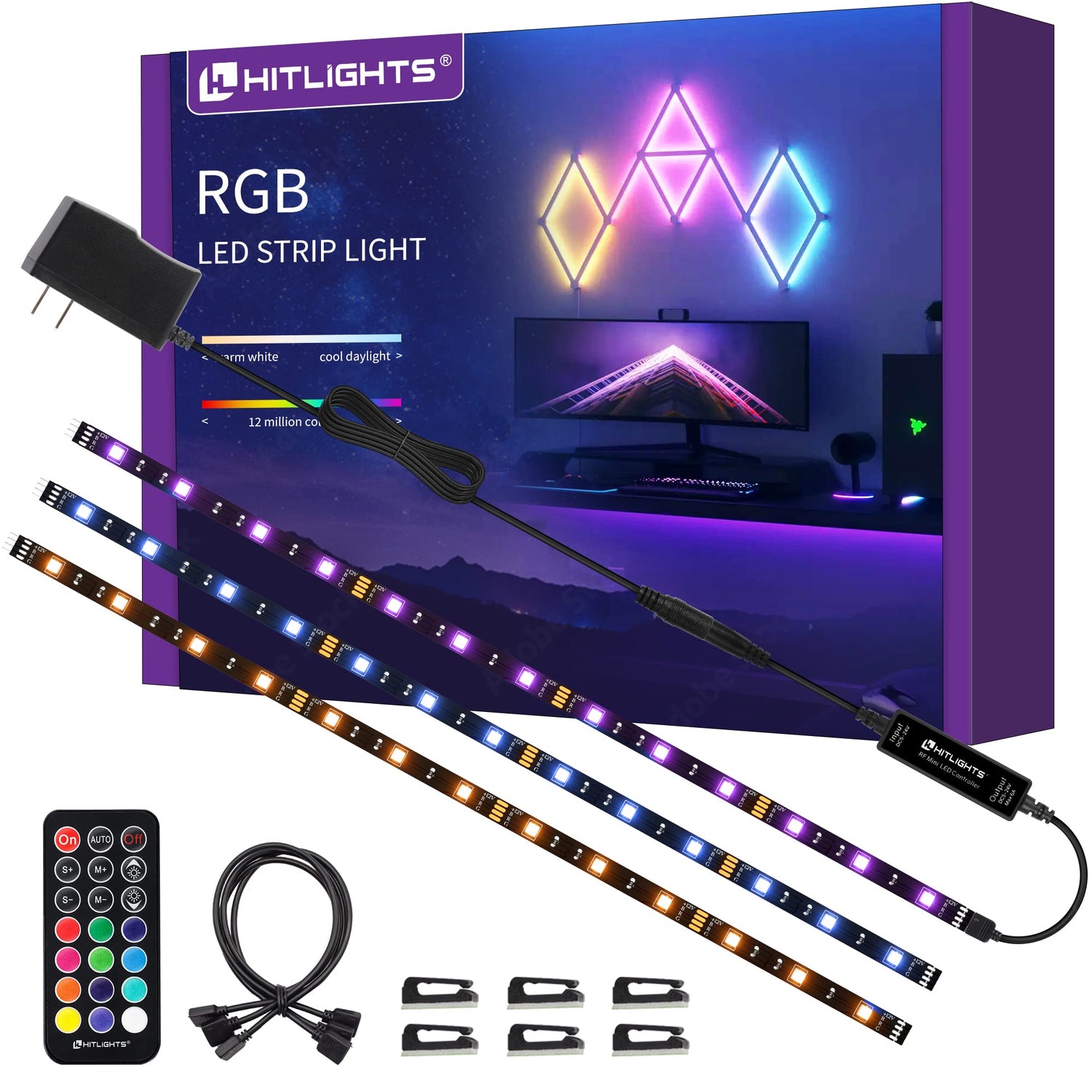 HitLights RGB LED strip lights kit with remote for versatile room lighting and TV backlight.