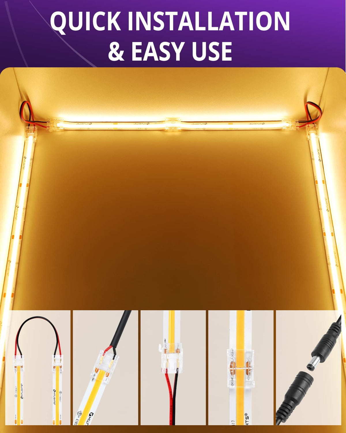 HitLights solderless connector set for quick, tool-free strip upgrades.