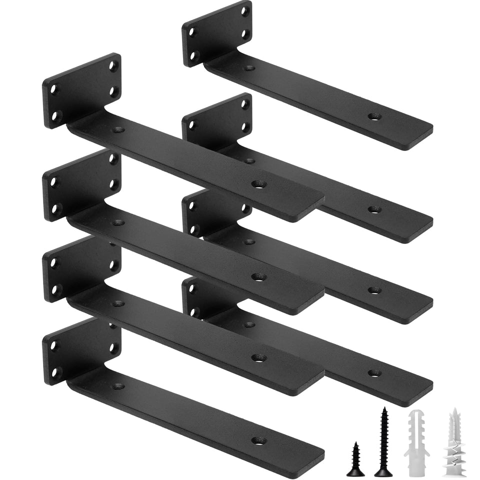 Hitomen heavy-duty floating brackets in matte black provide strong shelf support.