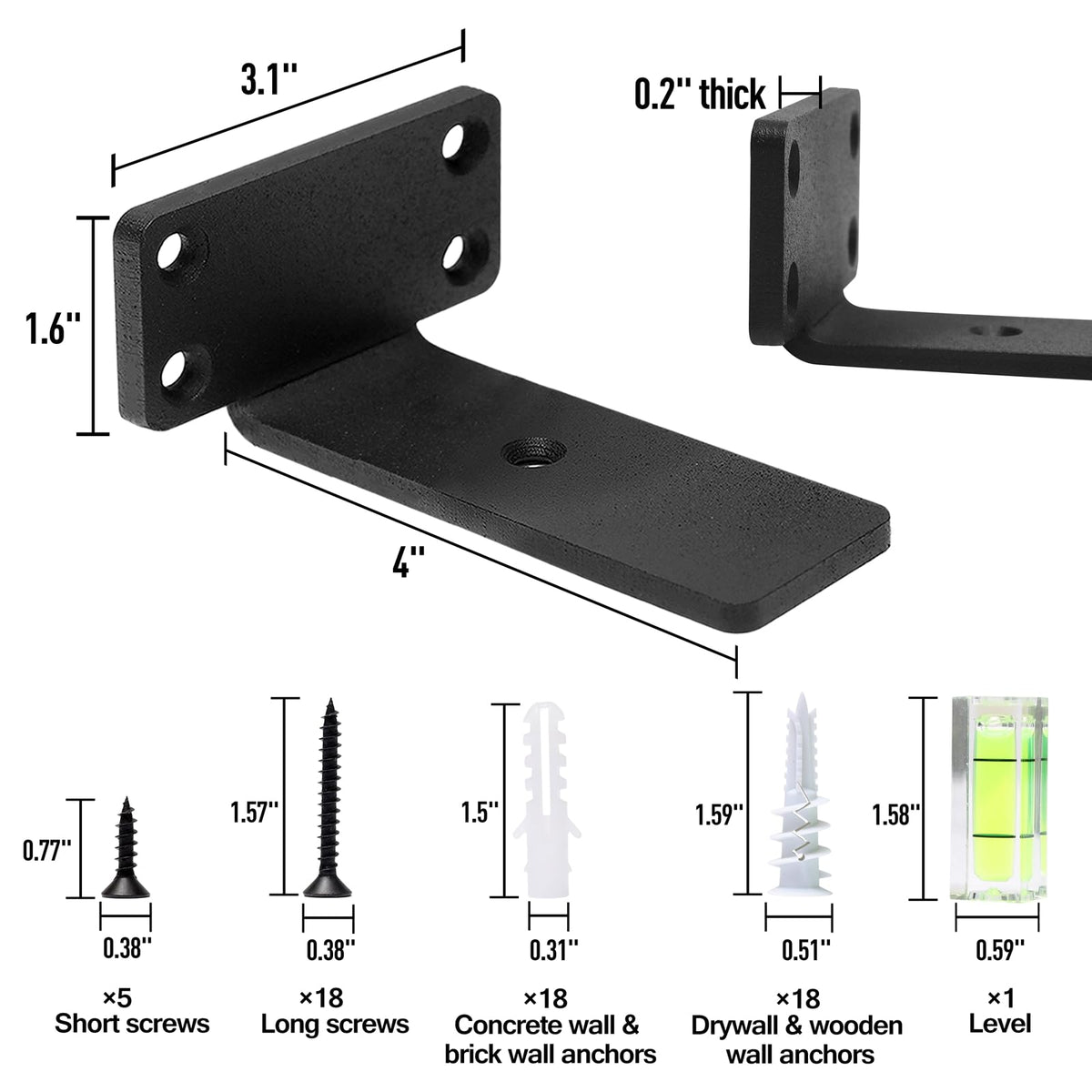 Hitomen countersunk brackets keep screws hidden for a clean look between wall and shelf.