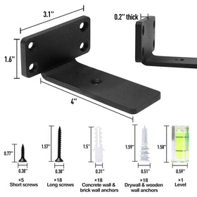 Hitomen countersunk brackets keep screws hidden for a clean look between wall and shelf.