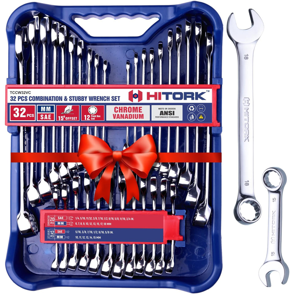 Hitork 32-piece wrench set organized in tray for quick, clean access.