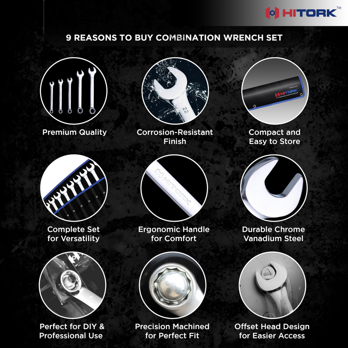 Hitork Cr-V steel with mirror chrome finish for strength and rust resistance.