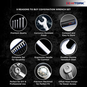 Hitork Cr-V steel with mirror chrome finish for strength and rust resistance.