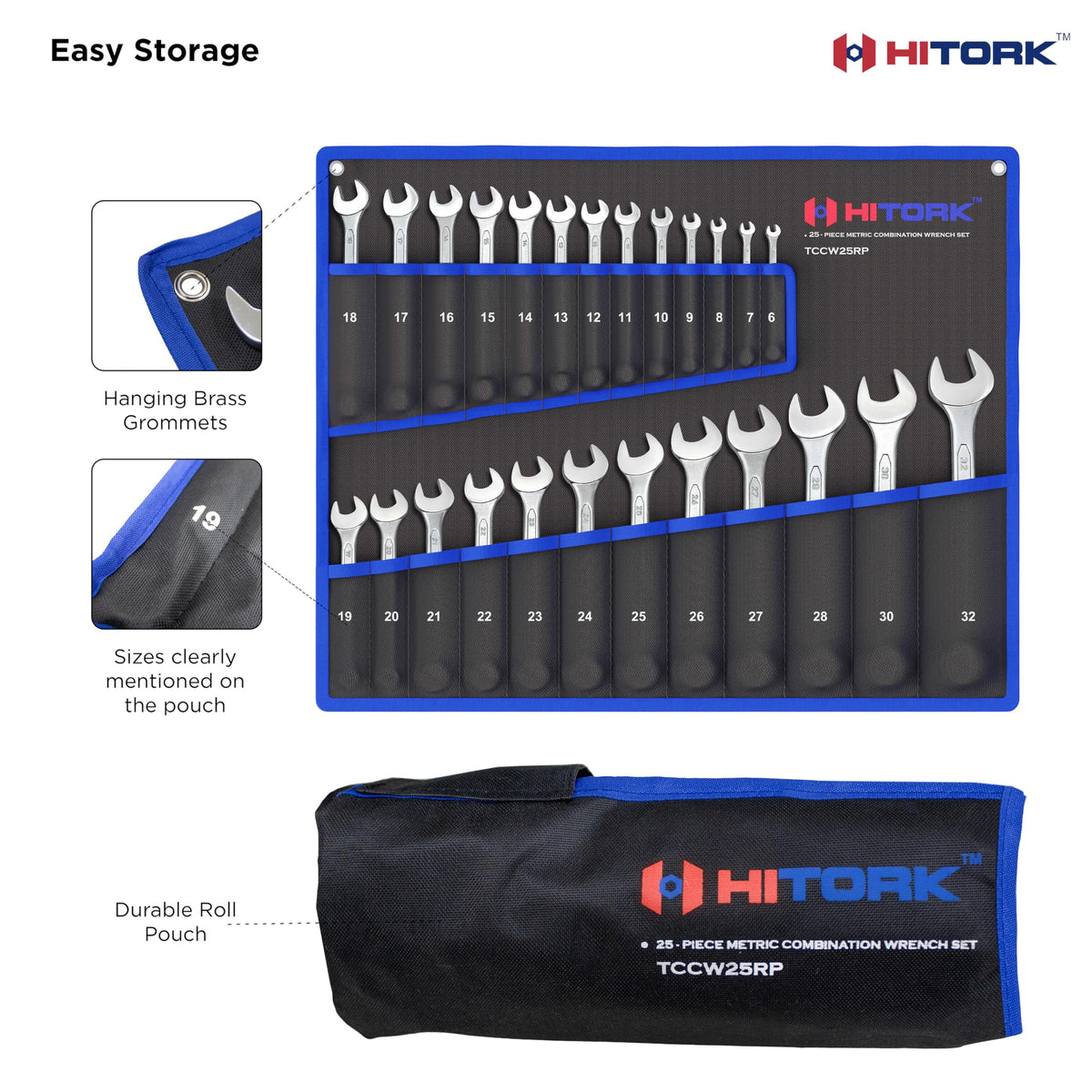 HITORK wrench set in roll-up pouch ready for on-site transport.